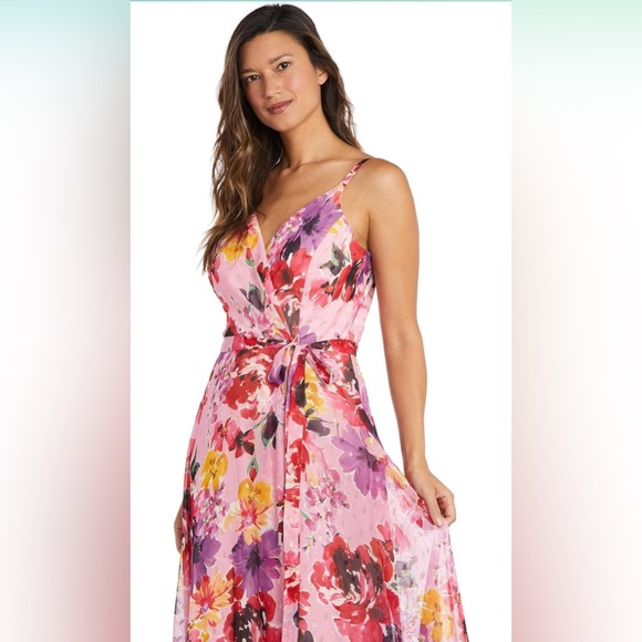 NWT NW Nightway Women’s Long Floral Mock Wrap Dress size 10 - Picture 3 of 15